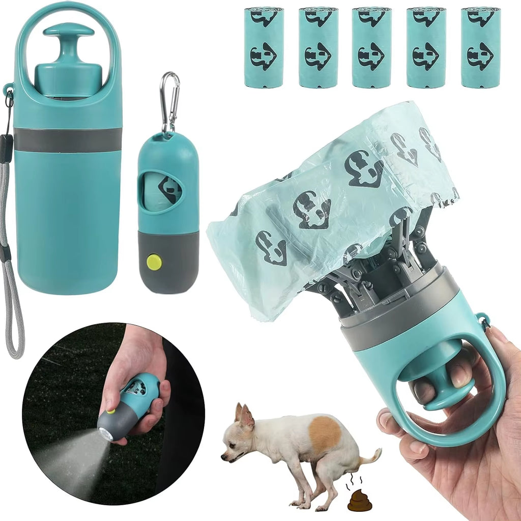 Dog Poop Scooper with LED Light - Claw Waste Picker with Bag Dispenser & Leash Clip