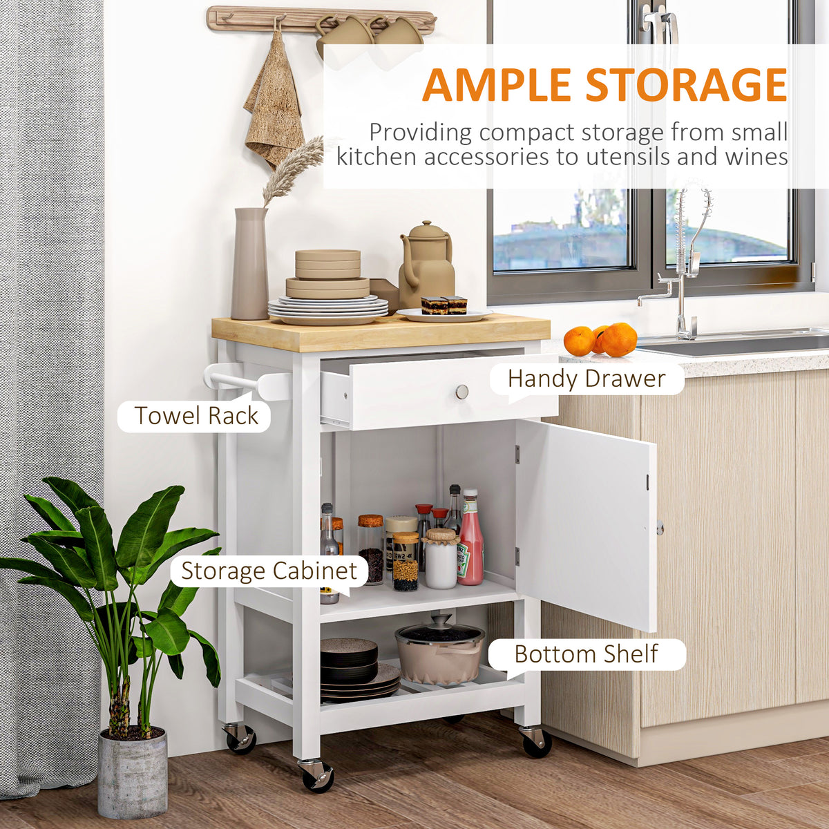 Kitchen Island Cart with Rubberwood Top, Wine Rack and Cabinet – image 4
