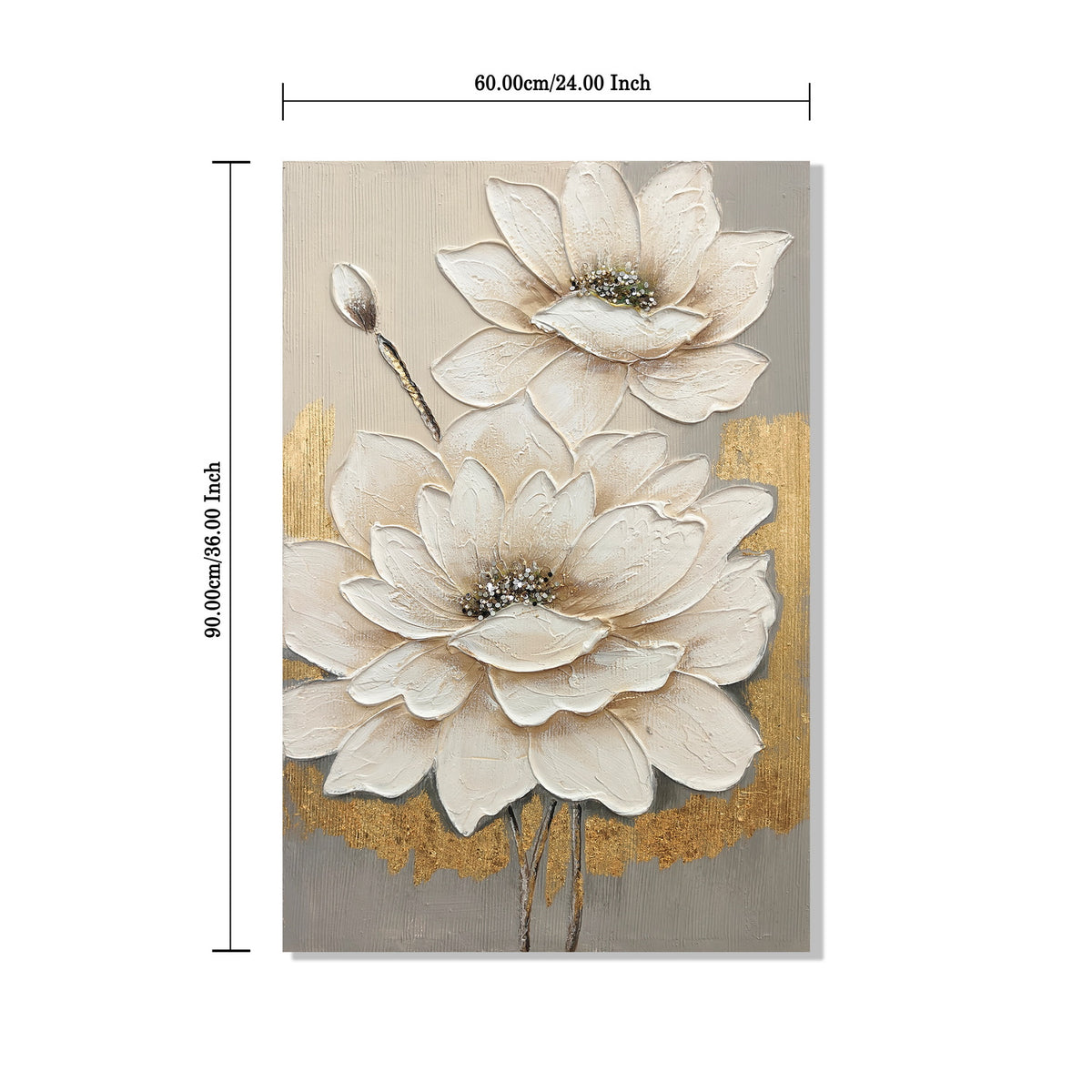 Textured Lotus Flower Canvas Wall Art 24 x 36 In, White and Gold – image 5