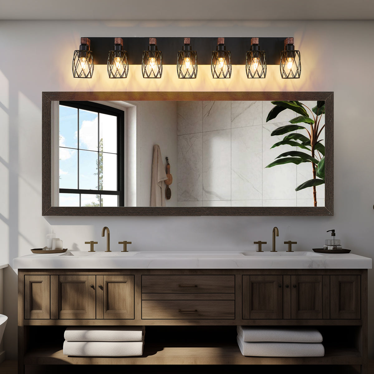 44 Inch Industrial 7-Light Cage Vanity Light Bar, Black & Walnut