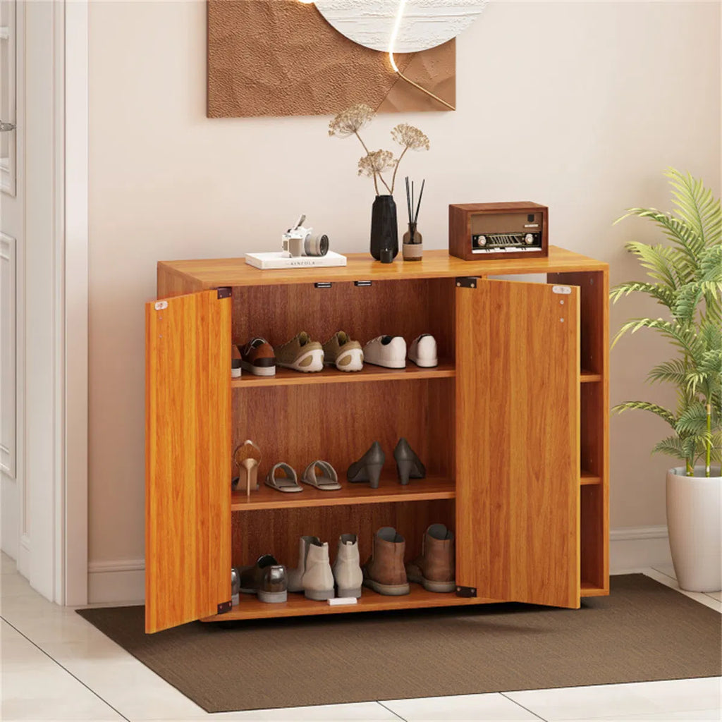 Shoe Cabinet with 2 Doors and 3 Open Shelves, Natural Wood – image 6