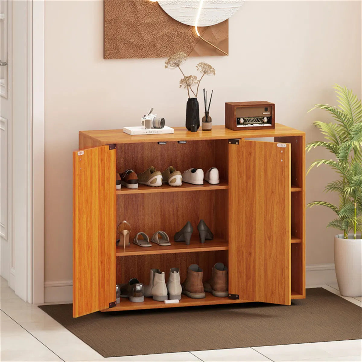 Shoe Cabinet with 2 Doors and 3 Open Shelves, Natural Wood – image 6