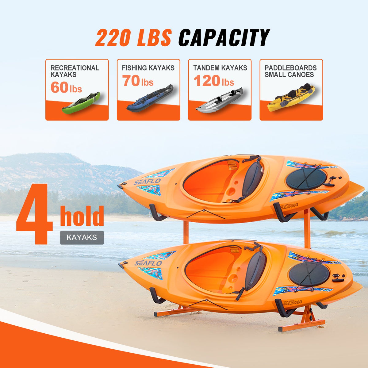 Freestanding Kayak Storage Rack for 4 Kayaks, Adjustable Width, 220 lb – image 5