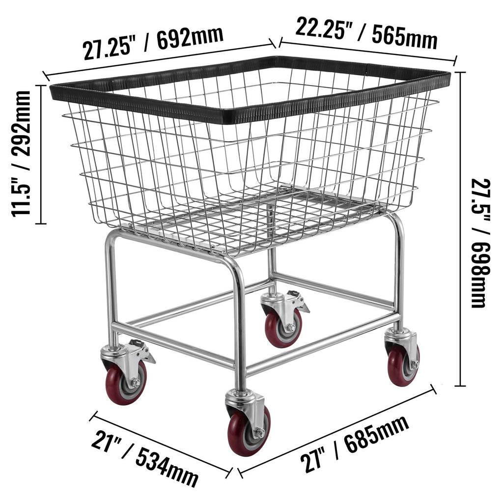 Commercial Wire Laundry Cart, 2.5 Bushel Basket with 4 in Casters, Chrome – image 3