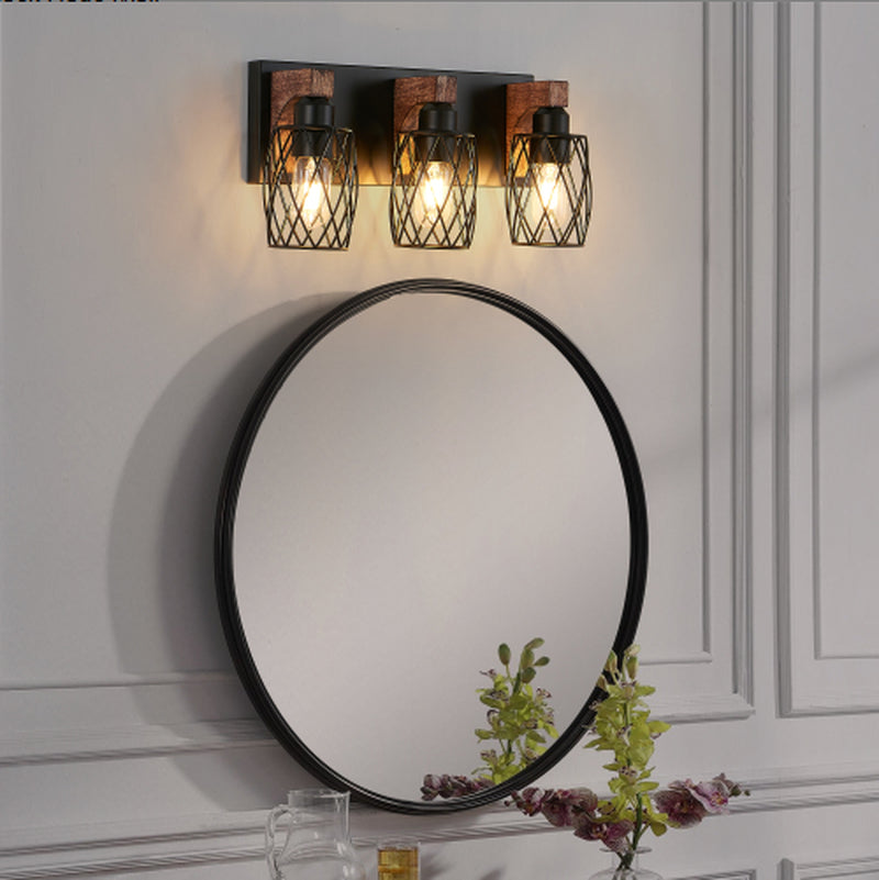 Industrial 3-Light Cage Wall Sconce with Wood Accents 18 Inch
