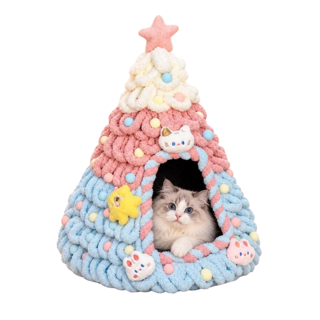 Cat Bed Cave, Christmas Tree Shape with Felt and Gauze, Pink