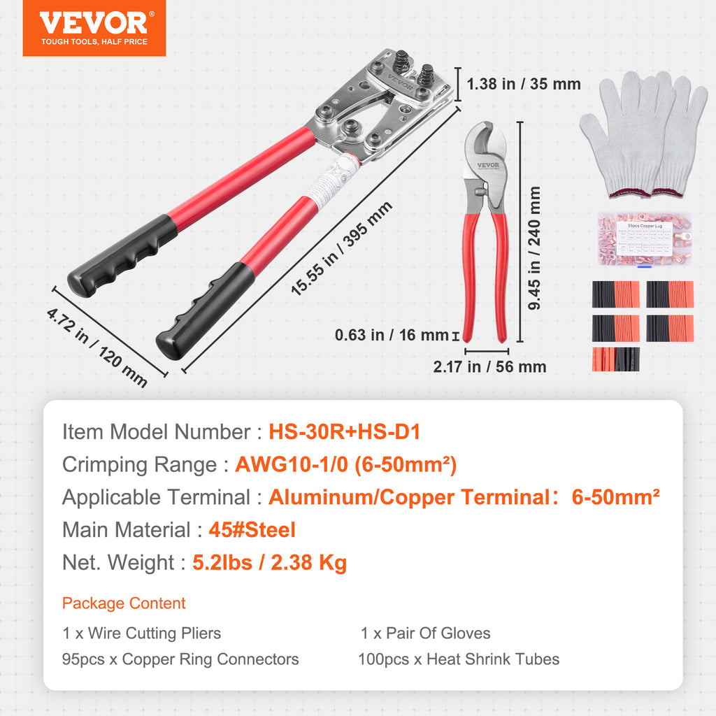 Battery Lug Crimping Tool, AWG 10-1/0 Cable Crimper with Connectors – image 6