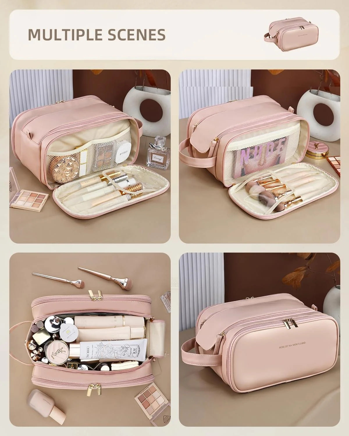 Travel Makeup Bag – Large Wide-Open PU Cosmetic Organizer, Pink – image 7