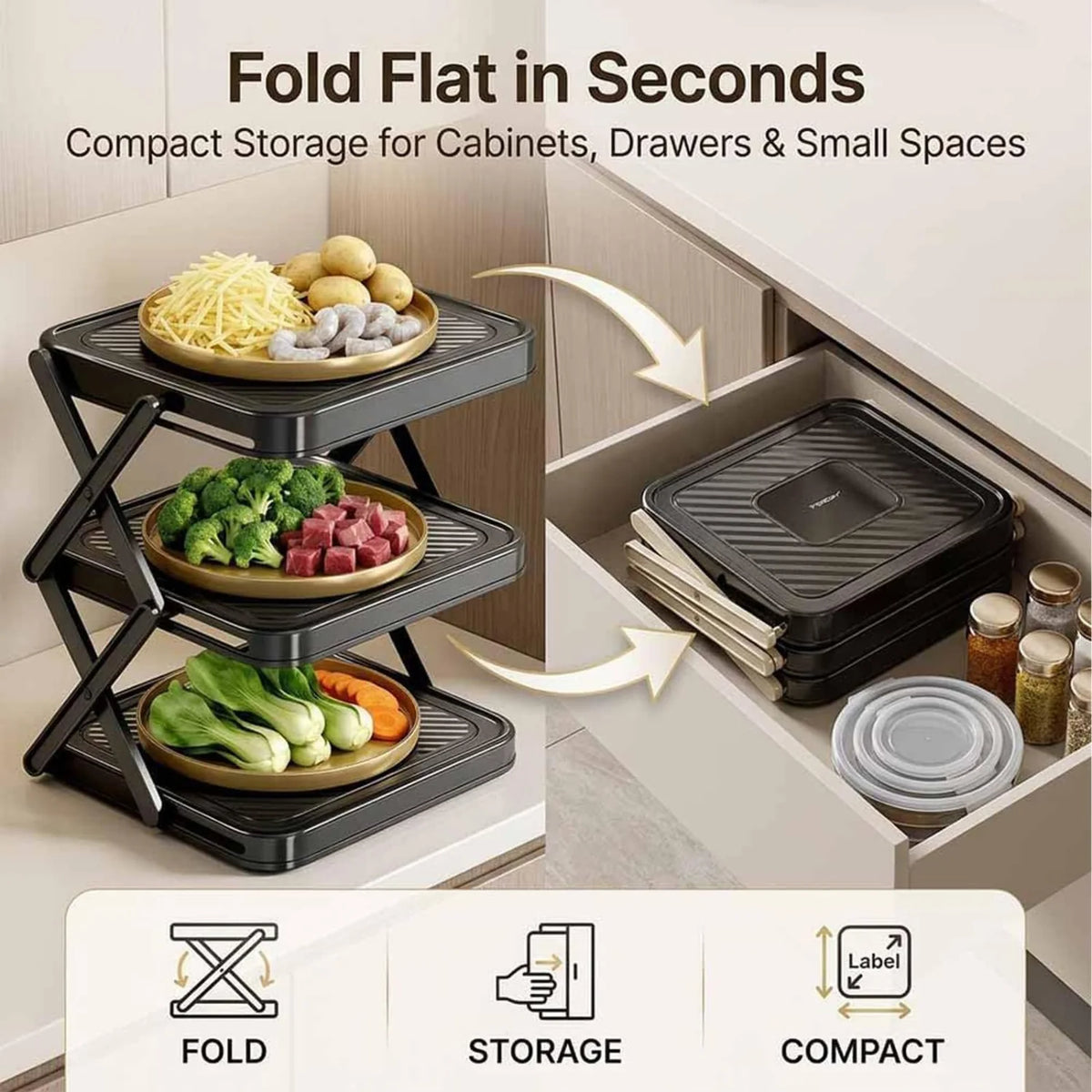 Plate Organizer Rack, 3-Tier Foldable Dish & Prep Tray Storage Stand – image 4
