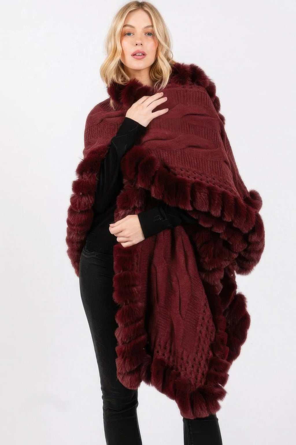 Faux Fur Collar Cape with Front Closure – Burgundy Winter Wrap – image 2