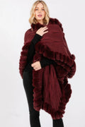 Faux Fur Collar Cape with Front Closure – Burgundy Winter Wrap – image 2