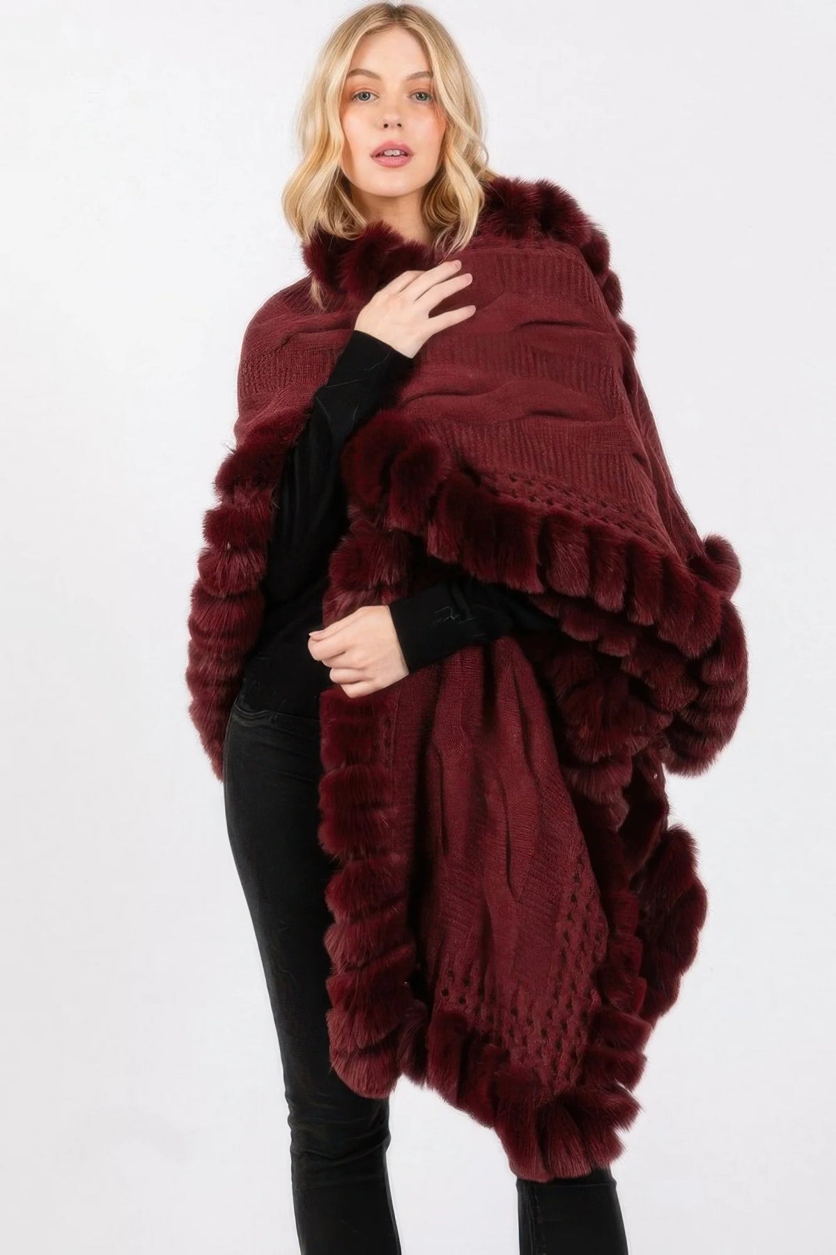 Faux Fur Collar Cape with Front Closure – Burgundy Winter Wrap – image 2