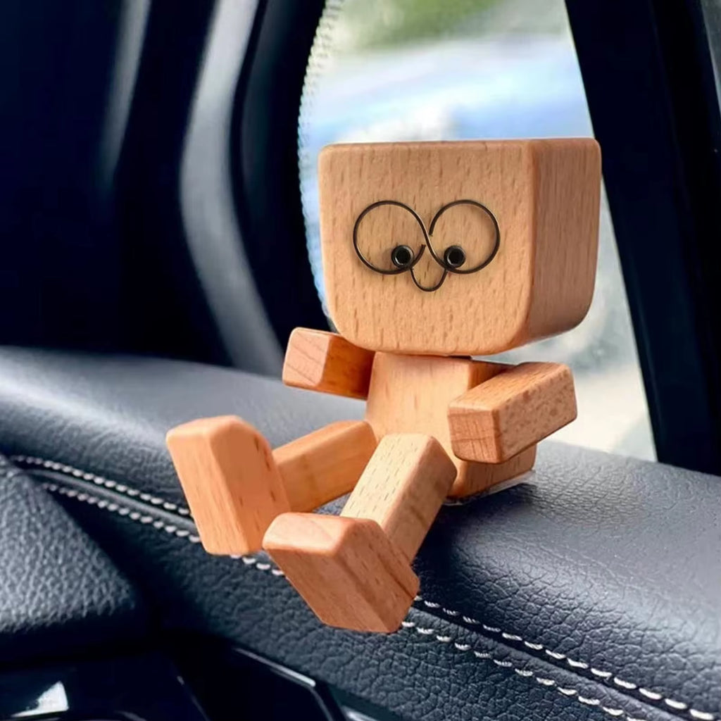 Car Dashboard Wiggle Wooden Man Figurine - Handmade Ornament with 12 Magnetic Faces
