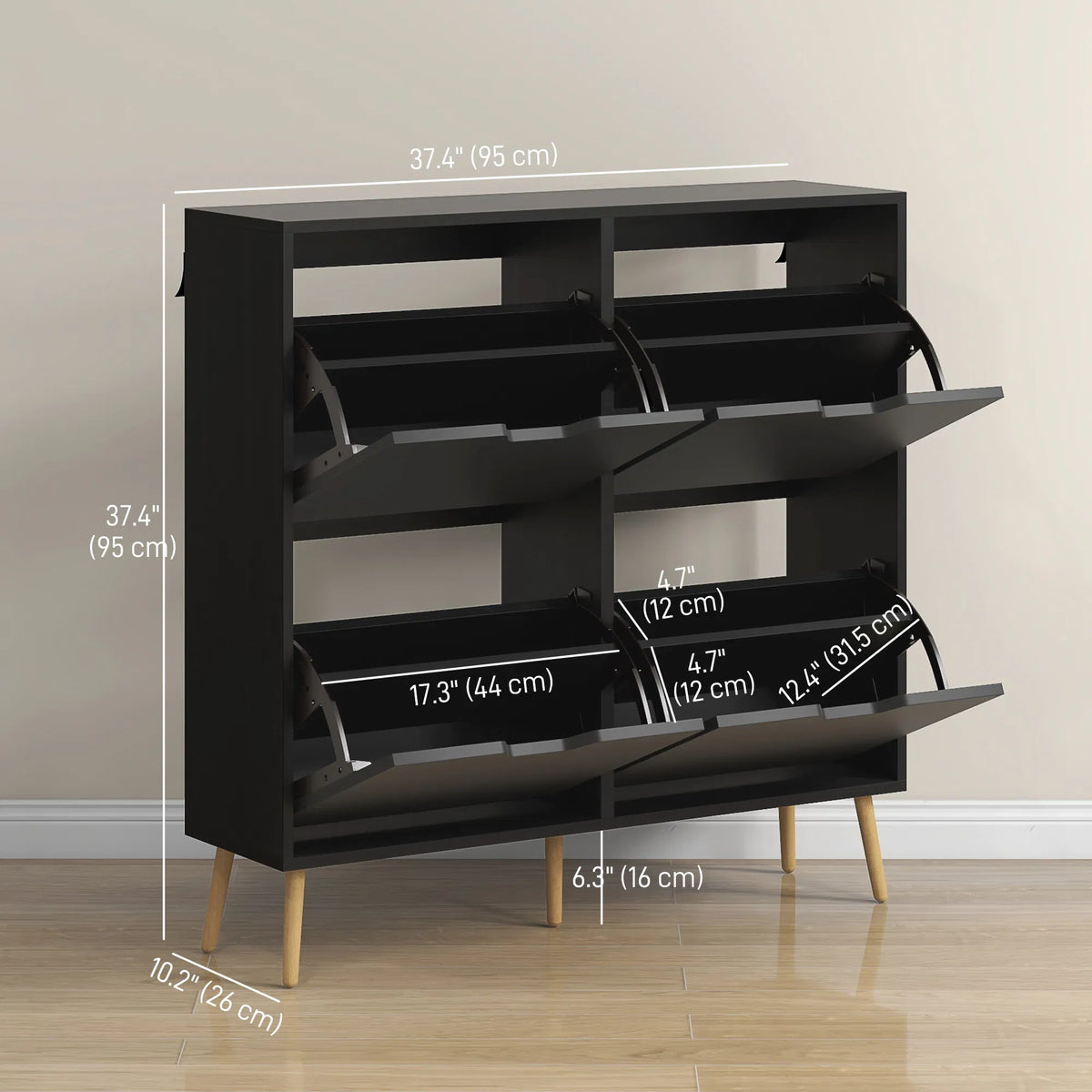 Shoe Cabinet with 4 Flip Drawers and Adjustable Shelf, Black – image 3