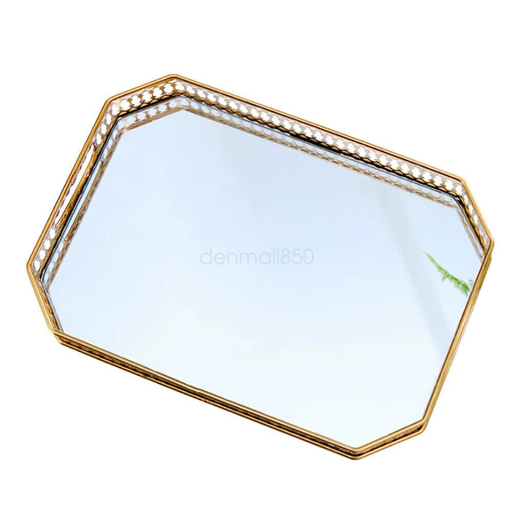 Gold Mirrored Vanity Tray, 13.8 x 9.8 In Metal Decorative Organizer – image 7