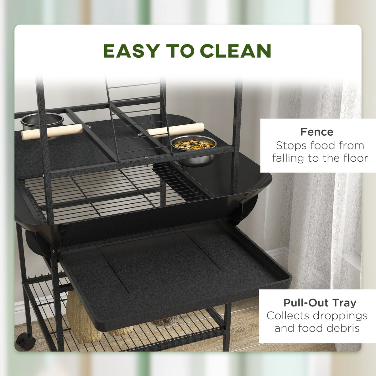 Rolling Bird Play Stand with Ladder, Stainless Bowls and Pull-Out Tray – image 6