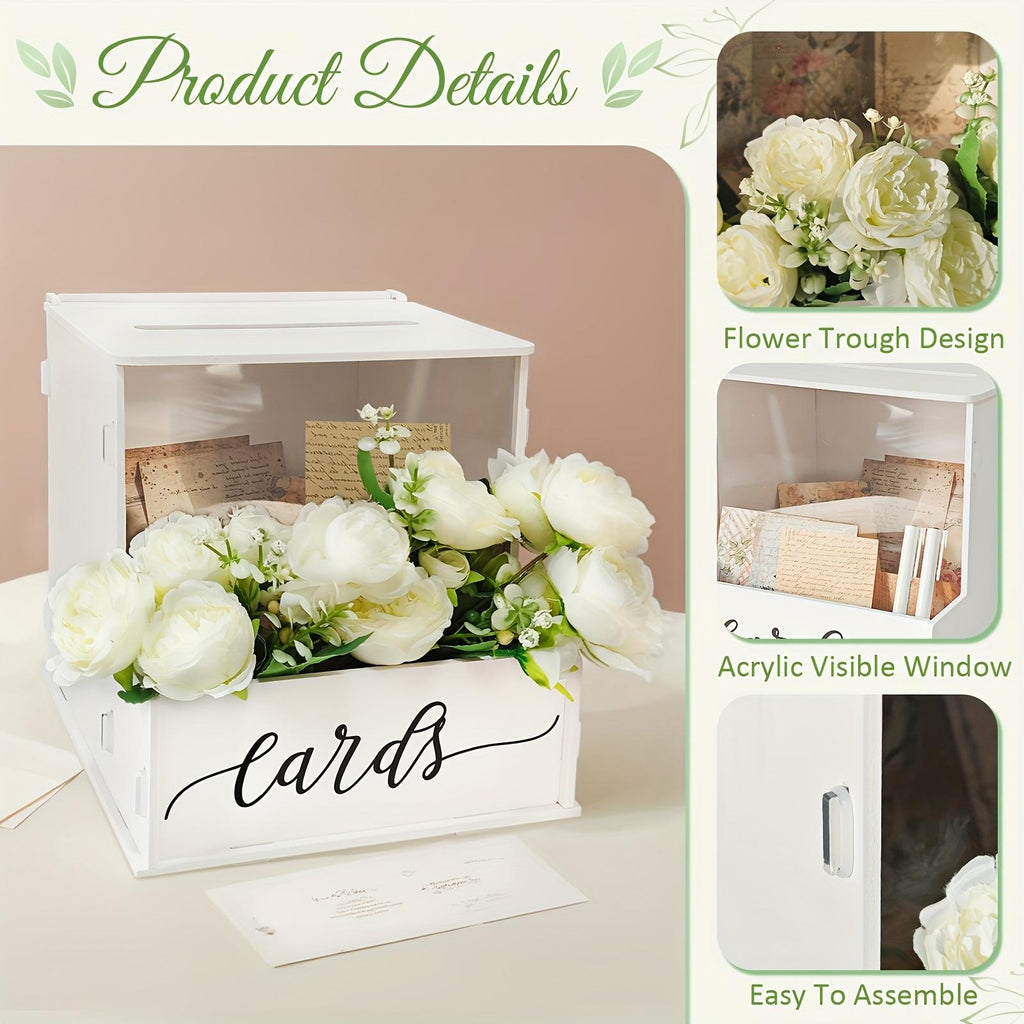 White Wedding Card Box with Lockable Lid, Party Gift Money Box