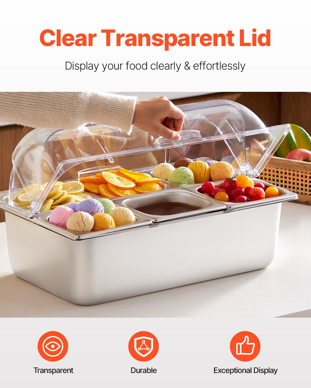 6 Pan Countertop Condiment Server With Clear Roll Top Lid – image 4