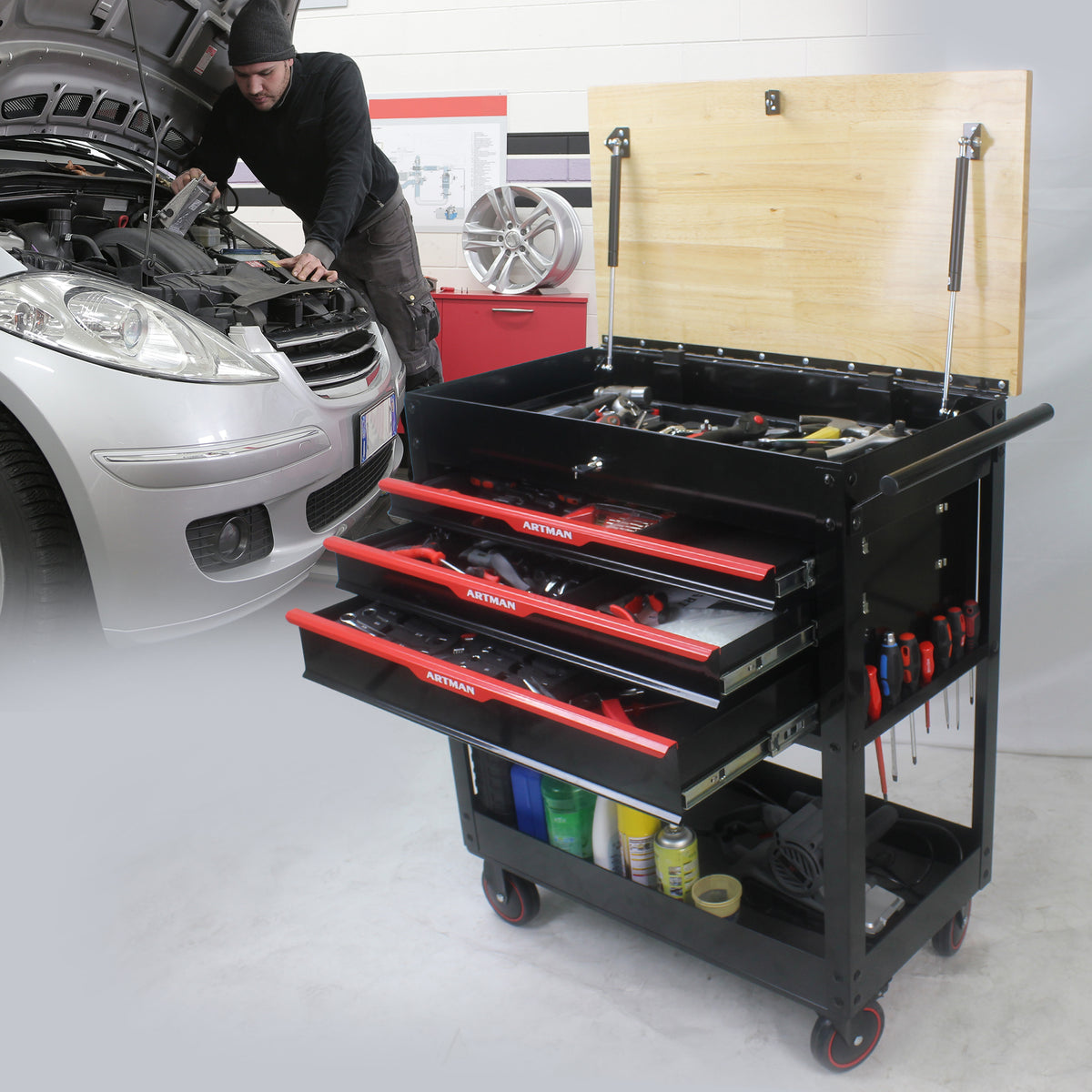 3-Drawer Rolling Tool Cart with Wooden Top and Adjustable Shelf – image 3