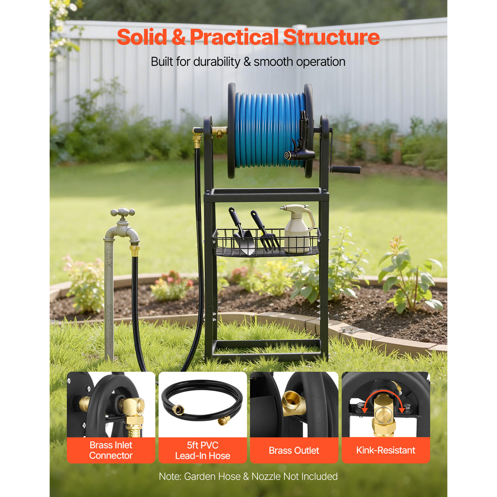 Freestanding Garden Hose Reel, Holds 125 Feet of 5/8-Inch Hose, Wall Mount or Ground Mount, Detachable Holder Stand with Storage Rack, 5 Ft Leader Hose, Brass Fitting, 4 Spikes, for Backyards