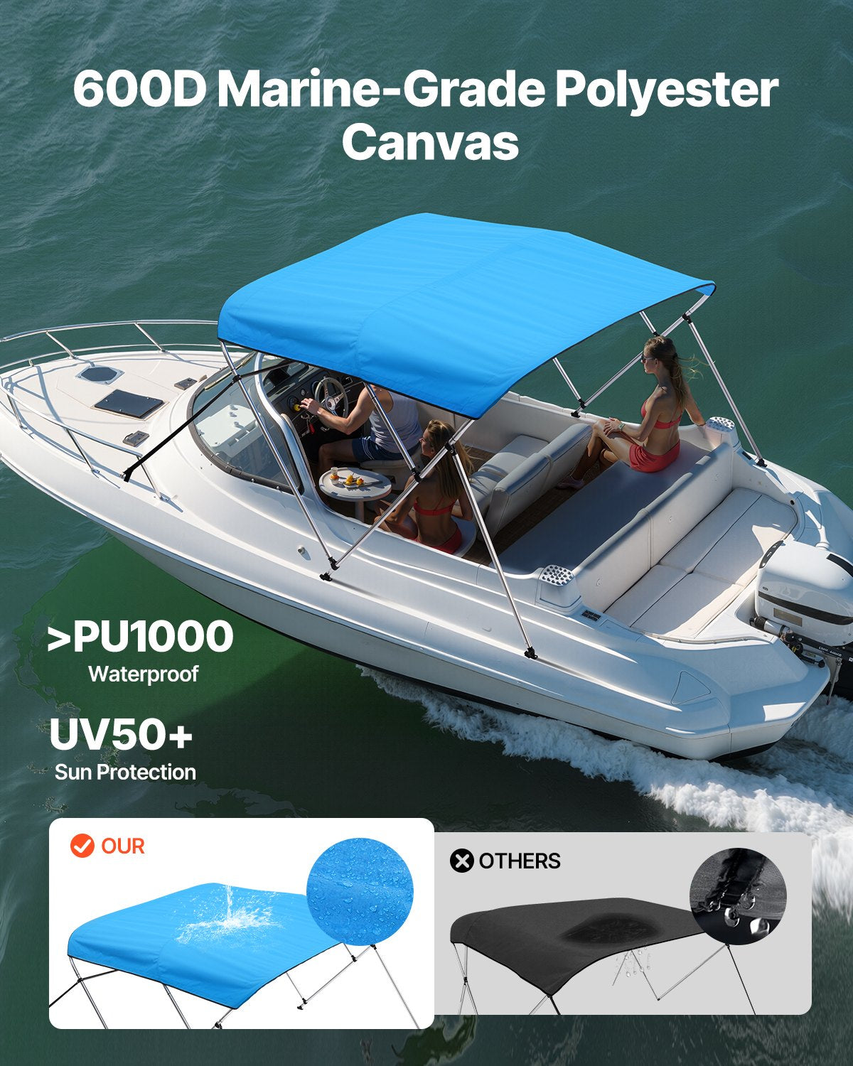 3 Bow Bimini Top 600D Boat Canopy With Aluminum Frame 67-72in Wide – image 2