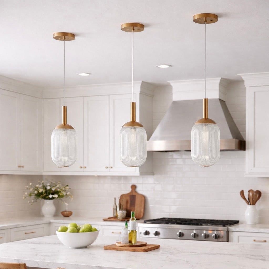 Ribbed Glass Capsule Pendant Light, Bronze Mid-Century Fixture