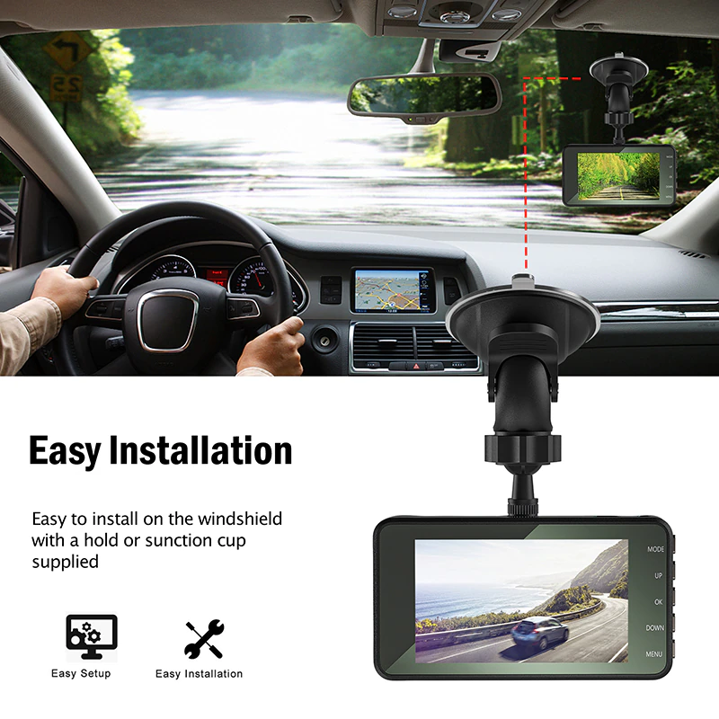 Dash Cam Front and Rear – 4 in Screen, 1296P, Night Vision, G-Sensor
