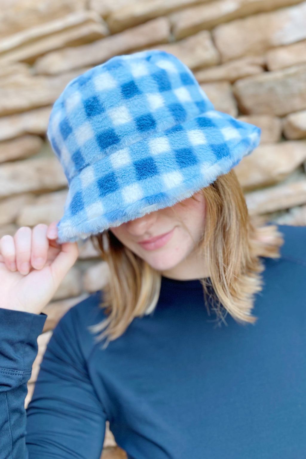 Fuzzy Bucket Hat - Checkered Faux Fur Winter Bucket Hat – image 2