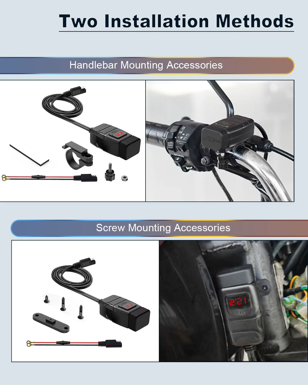 Motorcycle Dual USB Charger with Voltmeter, Waterproof 12V Handlebar Mount – image 5