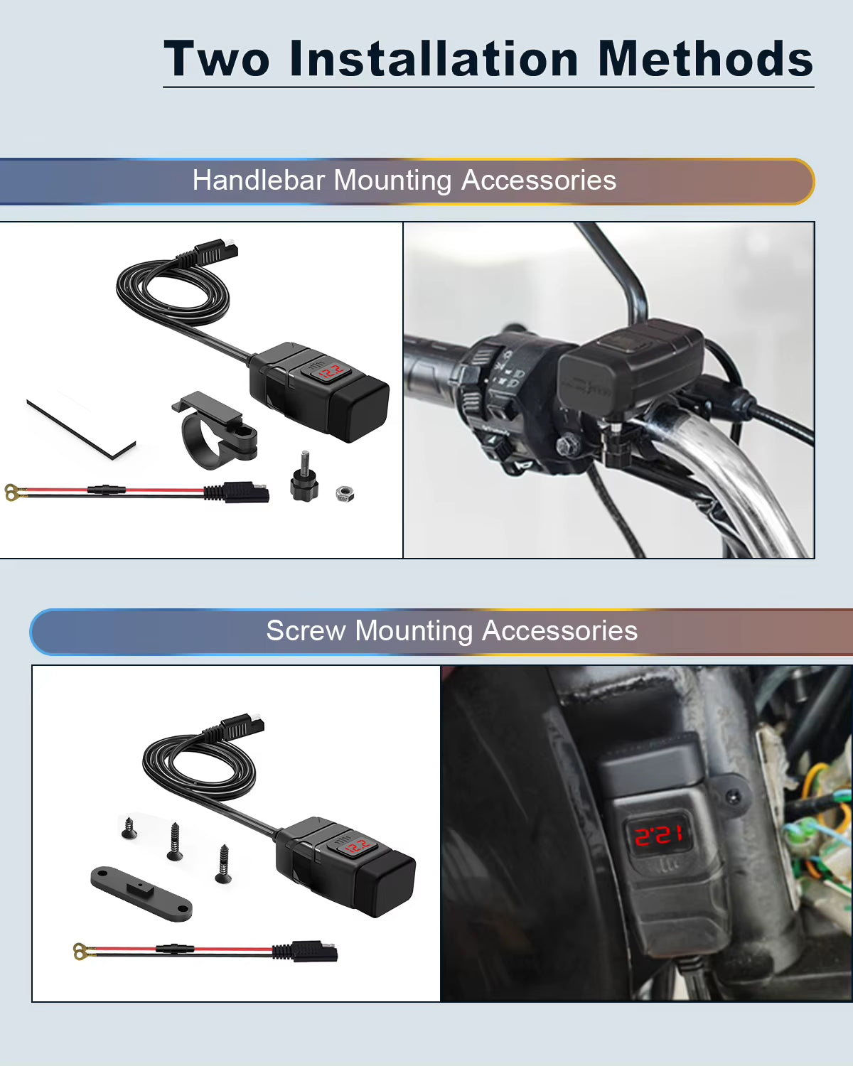 Motorcycle Dual USB Charger with Voltmeter, Waterproof 12V Handlebar Mount – image 5