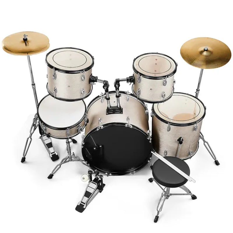 Full Size 5-Piece Adult Drum Set with Cymbals, Throne and Pedal, Silver – image 3