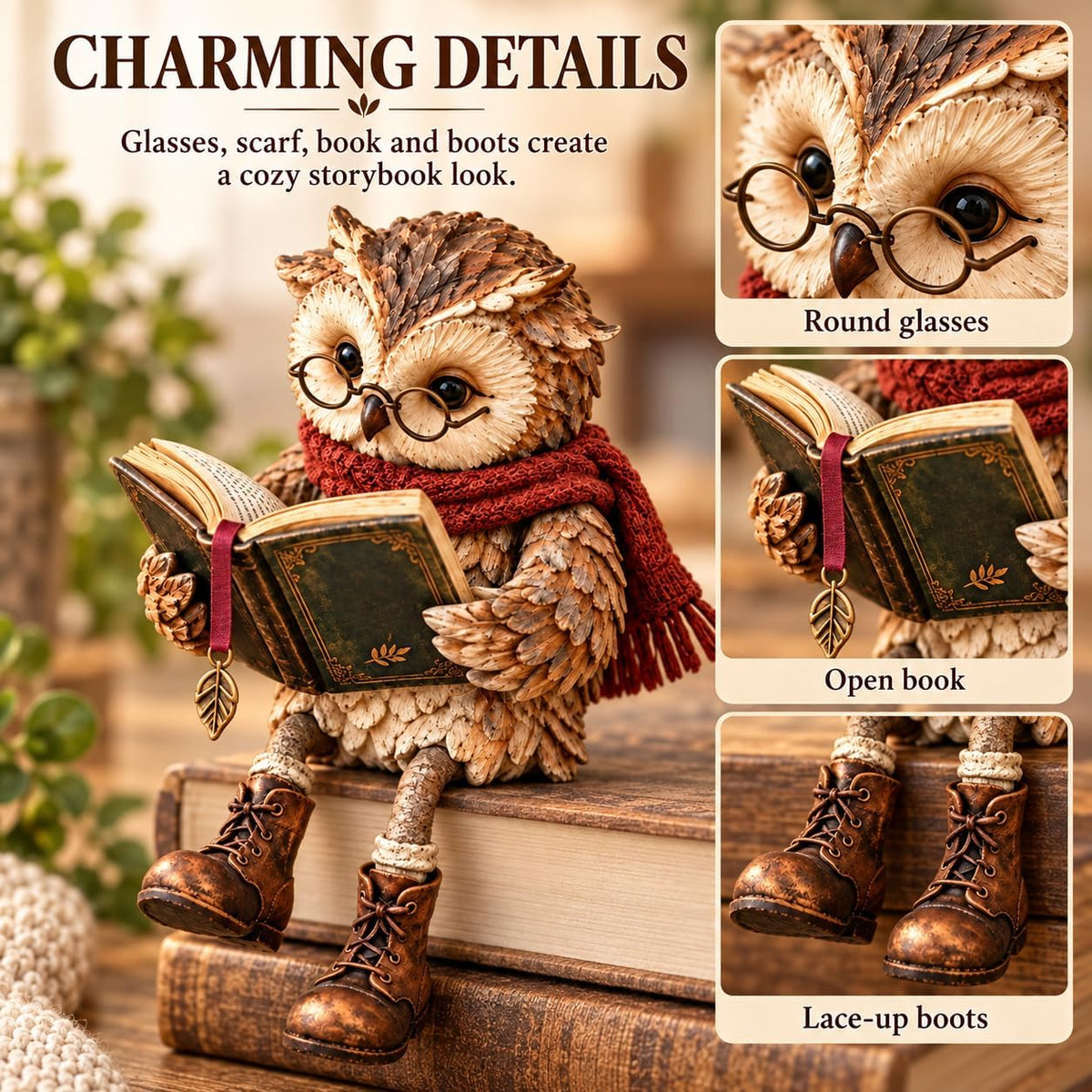 Reading Owl Figurine with Book, Bookshelf Decor – image 4