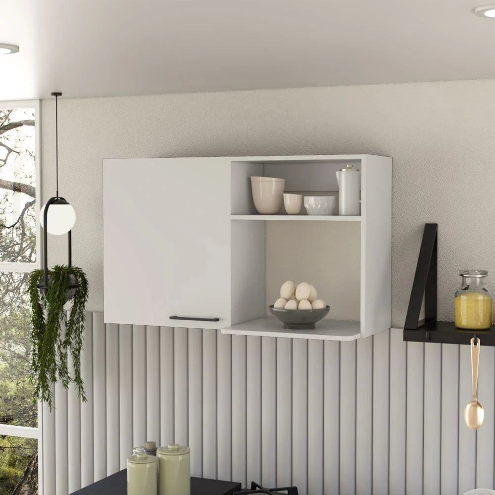Kitchen Wall Cabinet with 2 Doors and Open Shelves, White Finish
