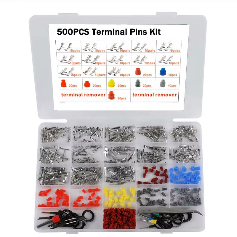 Automotive Terminal Pin Kit – 500 Pc Wire Pins, Seals & Removal Tool