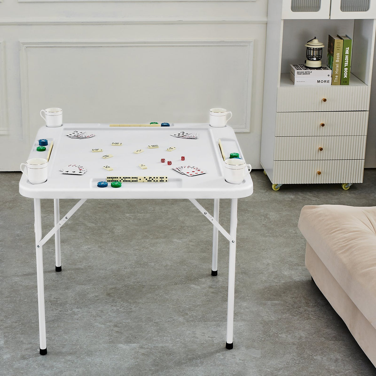 Mahjong Table – Folding 4-Player Game Table with Cup Holders, White