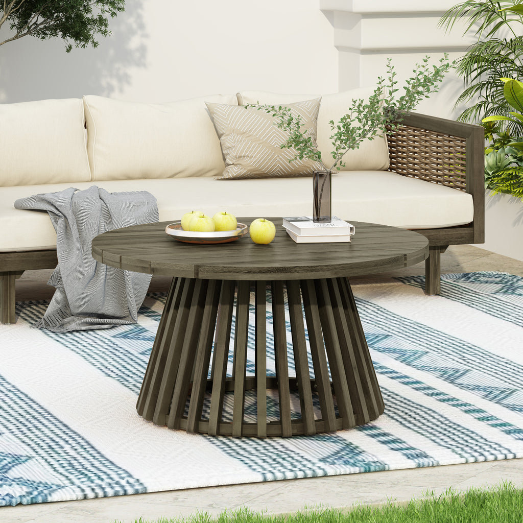 Outdoor Acacia Wood Round Coffee Table, 31.5 in, Grey Finish – image 5