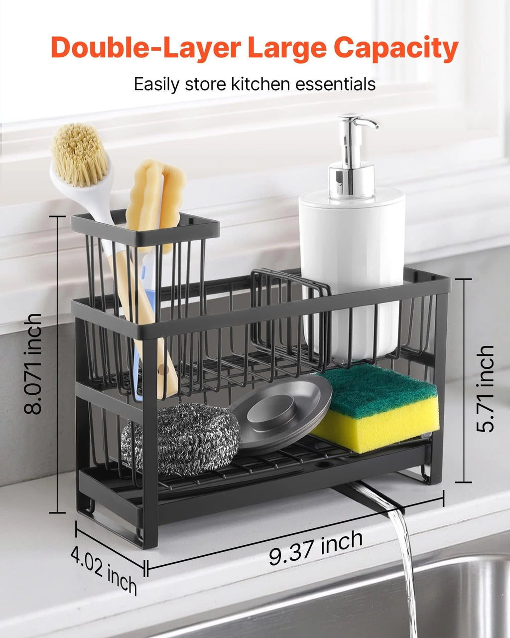 Kitchen Sink Caddy Organizer, Black Sponge and Brush Holder – image 4