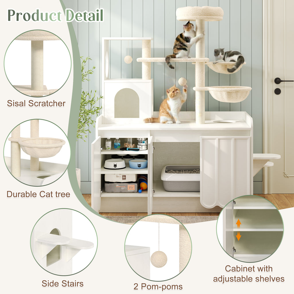 Cat Tree with Litter Box Enclosure, All-in-One Cat Condo, White – image 5