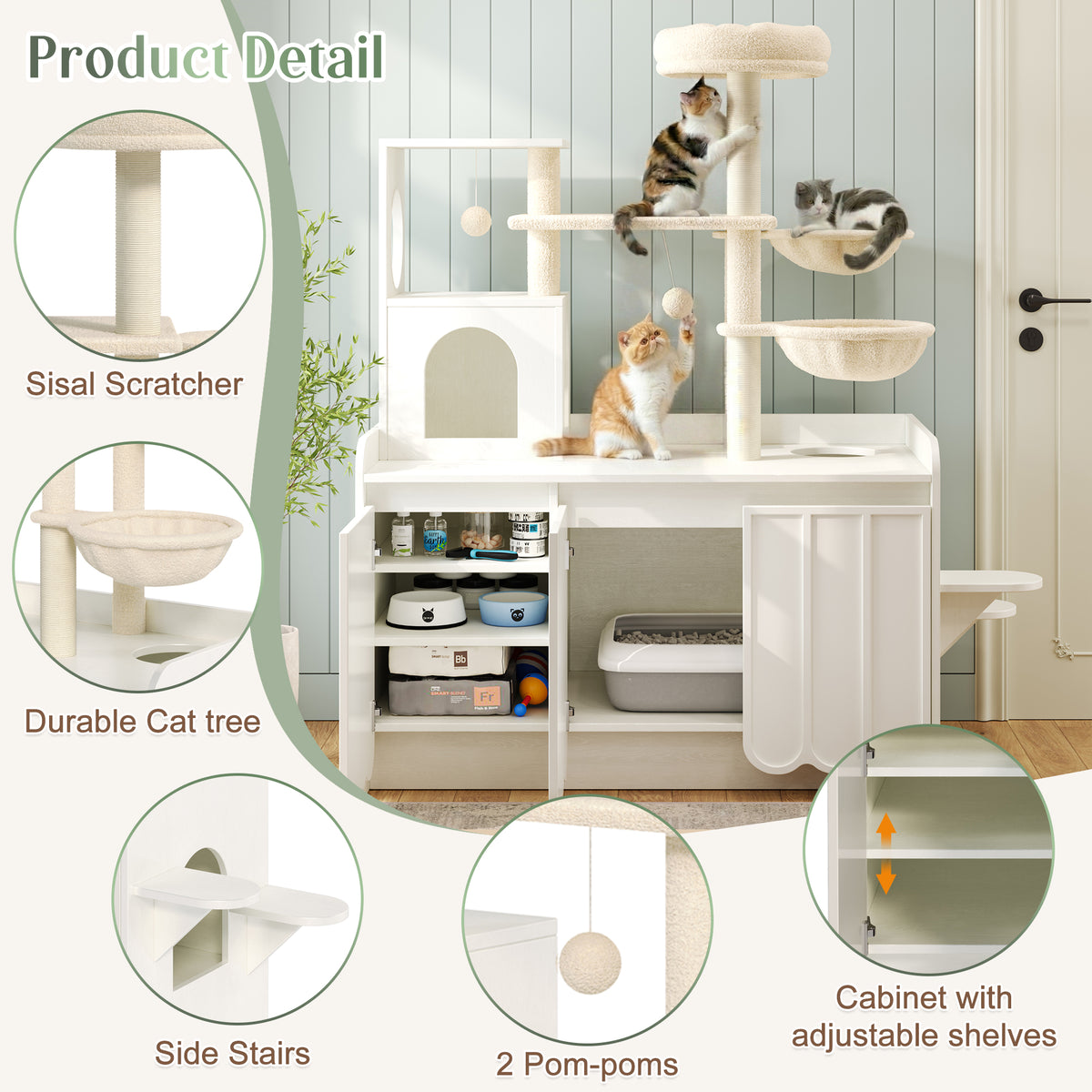 Cat Tree with Litter Box Enclosure, All-in-One Cat Condo, White – image 5