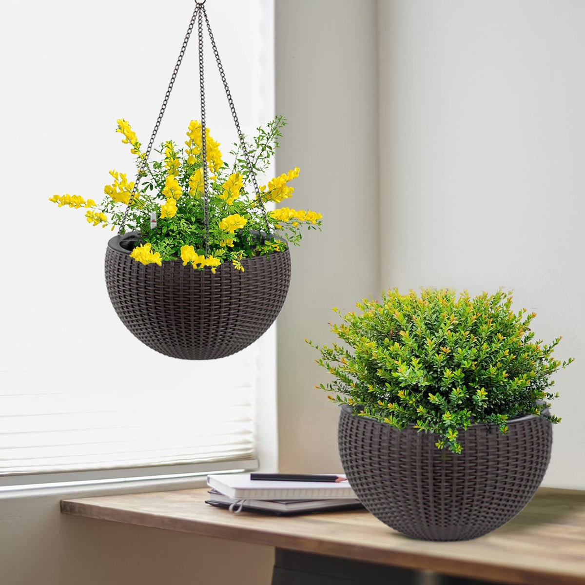 Self-Watering Hanging Planter 2 Pack, 13.4 in Rattan-Look, Brown – image 3