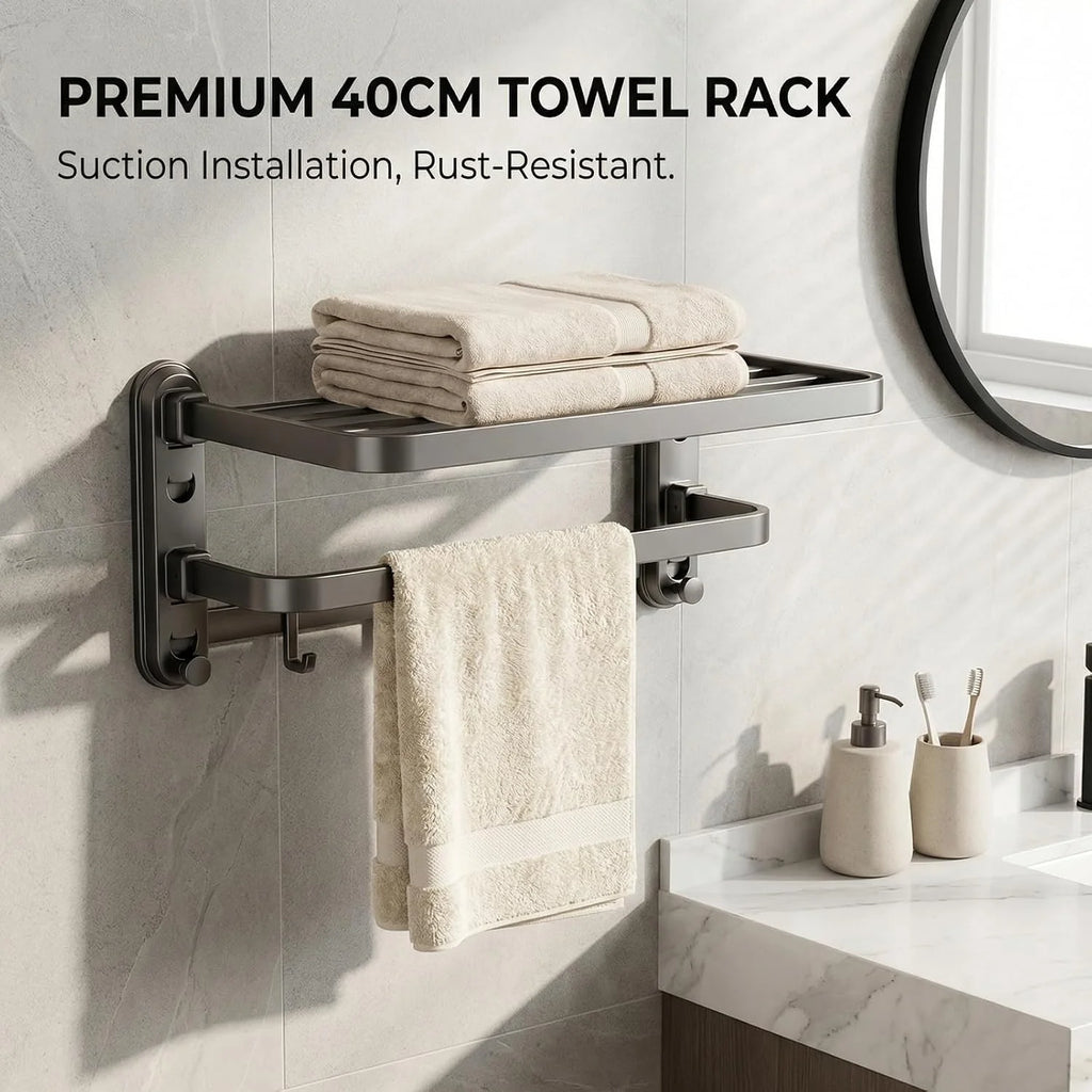 Towel Rack Suction Wall Shelf, Foldable Double Bar with Hooks – image 3