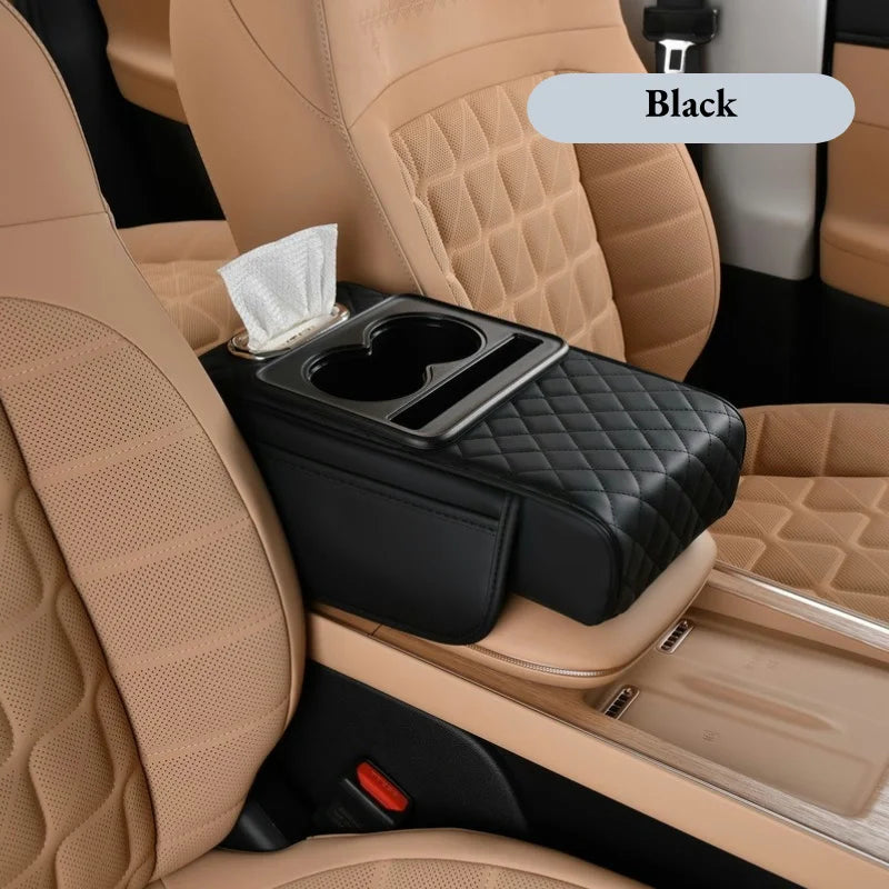 Car Center Console Armrest Cushion with 2 Cup Holders - Height Raising Arm Rest Pad