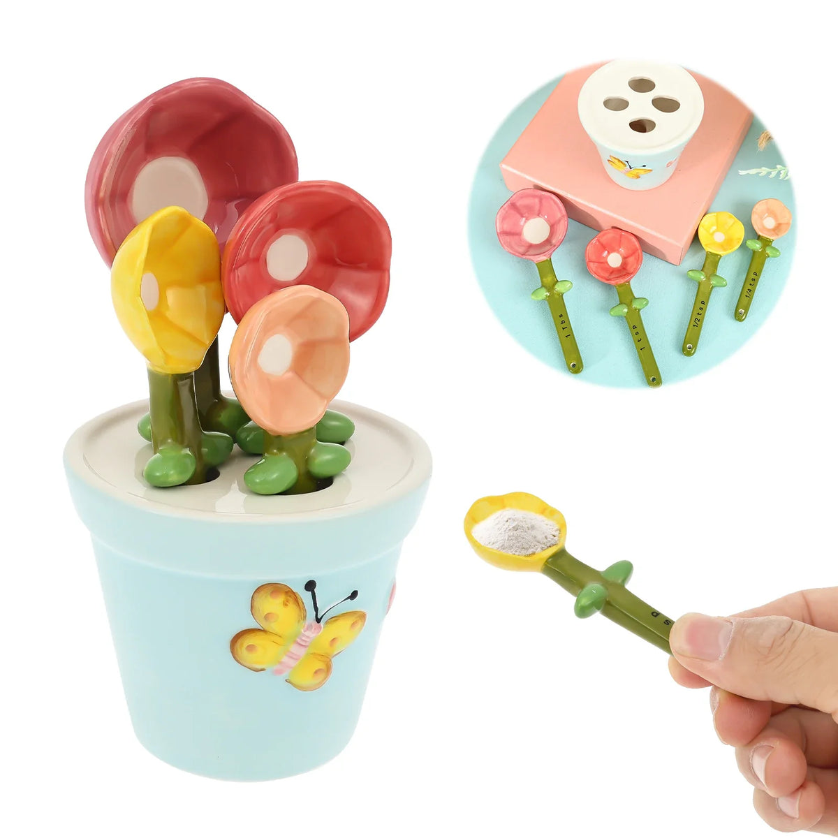 Ceramic Measuring Spoons - 4 Piece Flower Set with Base – image 2