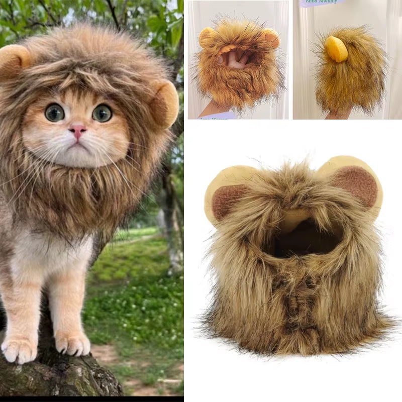Lion Mane Cat Wig Hat - Funny Halloween Pet Costume