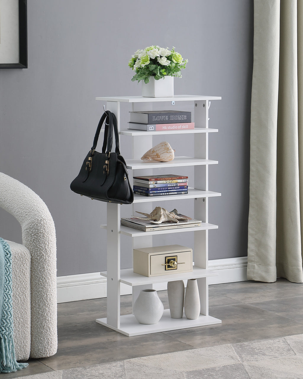 Shoe Rack 7-Tier Vertical with Hooks, Narrow Entryway Organizer