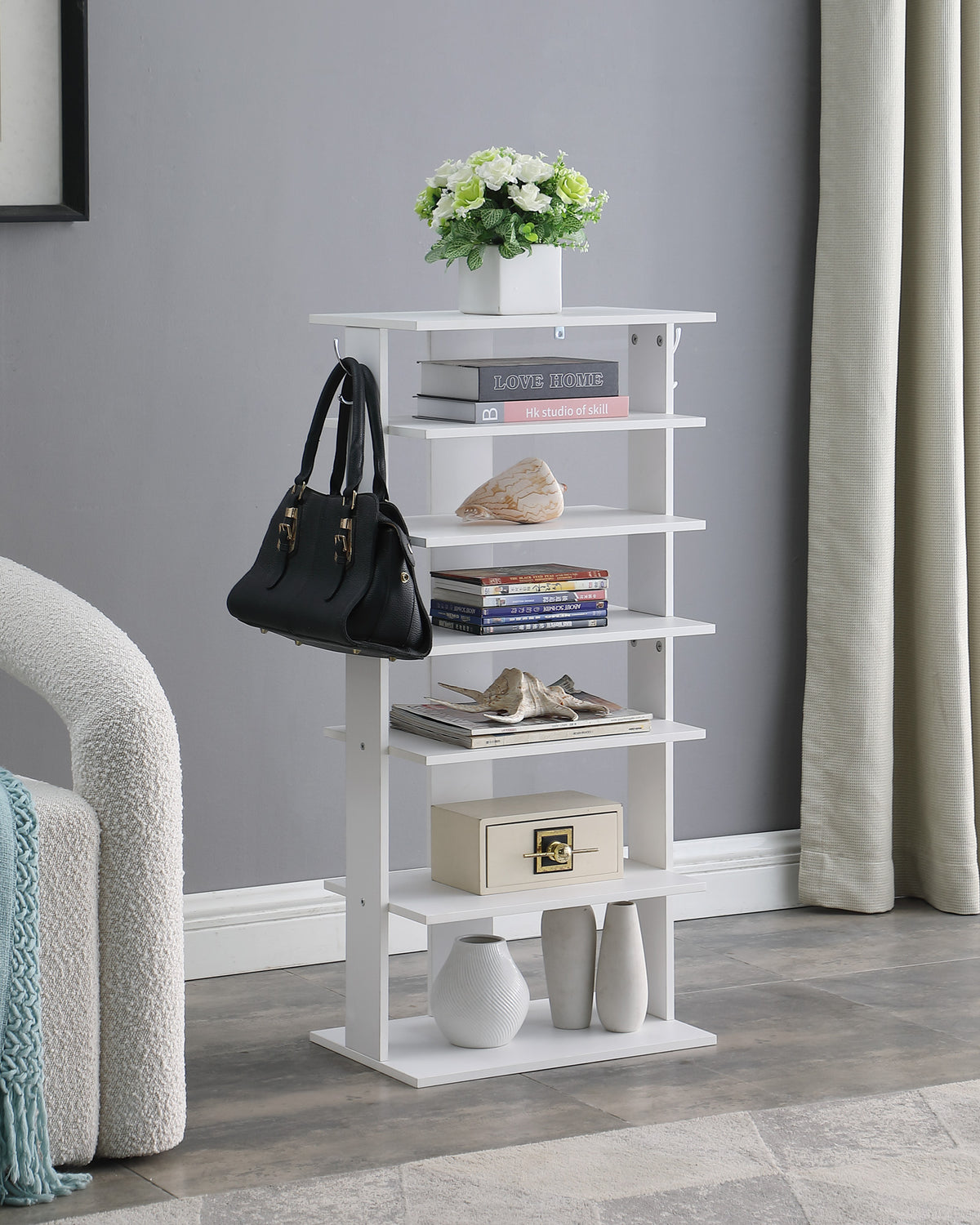 Shoe Rack 7-Tier Vertical with Hooks, Narrow Entryway Organizer