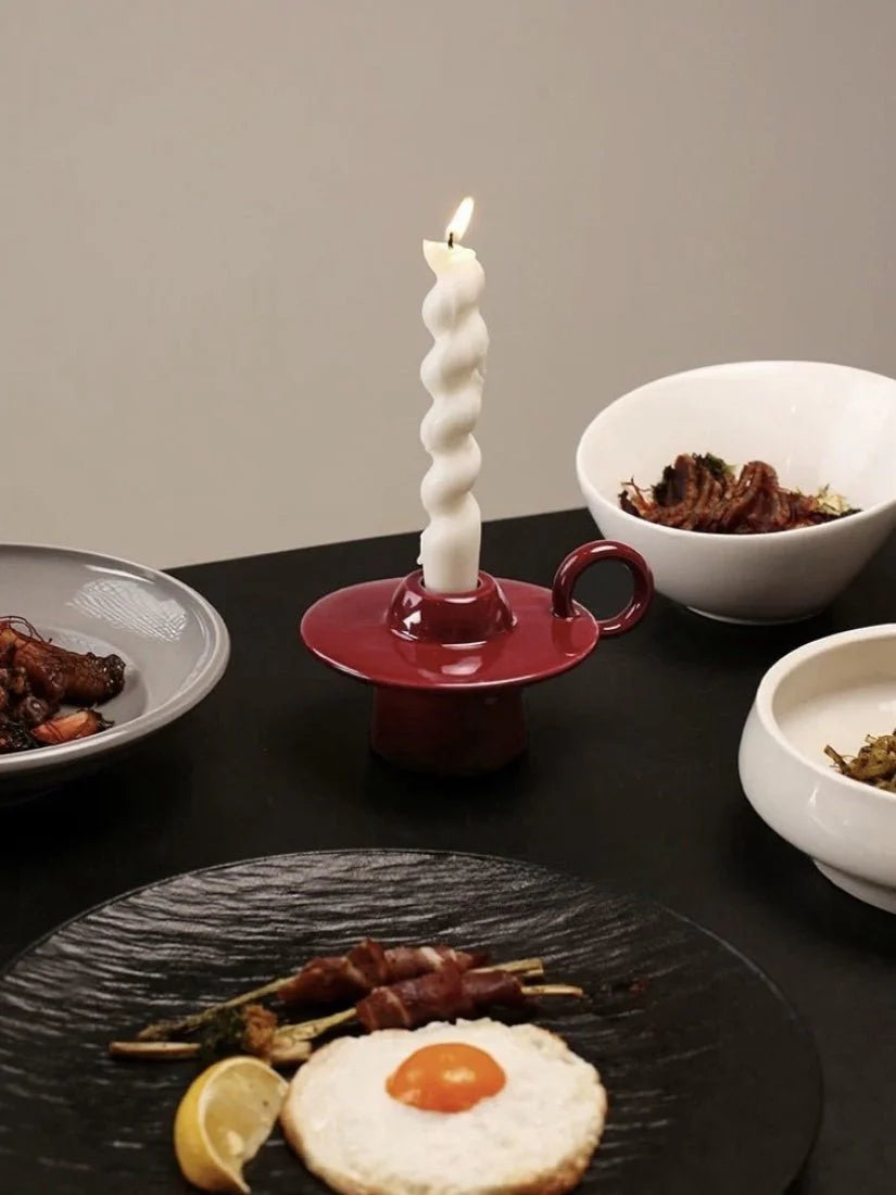 Retro Ceramic Candle Holder with Ring Handle, Handmade – image 4