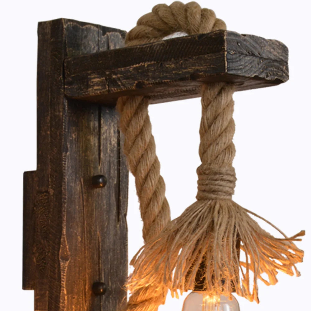 Vintage Rope Wall Lamp - Rustic Wood & Hemp Rope Wall Sconce Light Fixture