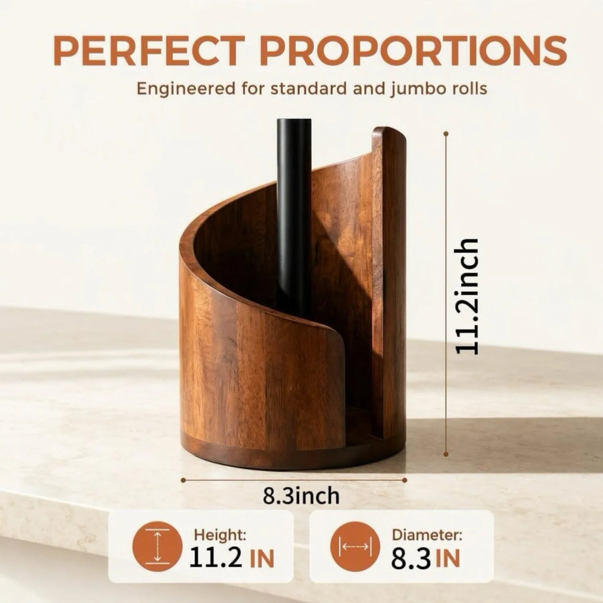 Paper Towel Holder Fluted Wood Countertop Stand for Jumbo Rolls – image 2