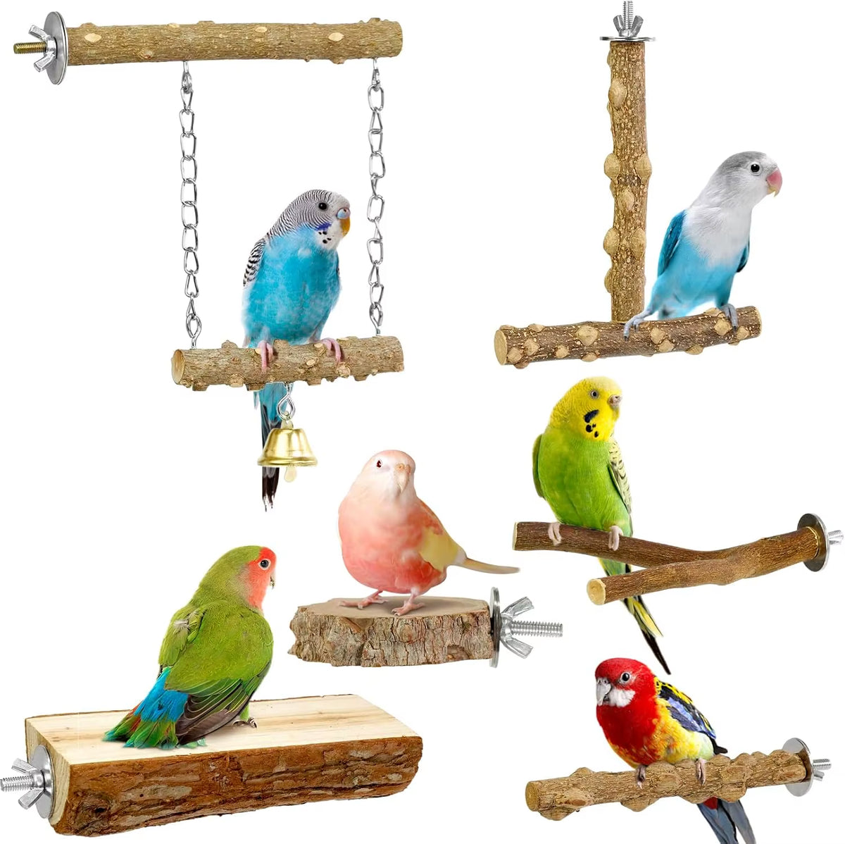 Natural Wood Bird Perch Set, 6-Piece Branch Stands and Platforms for Cages